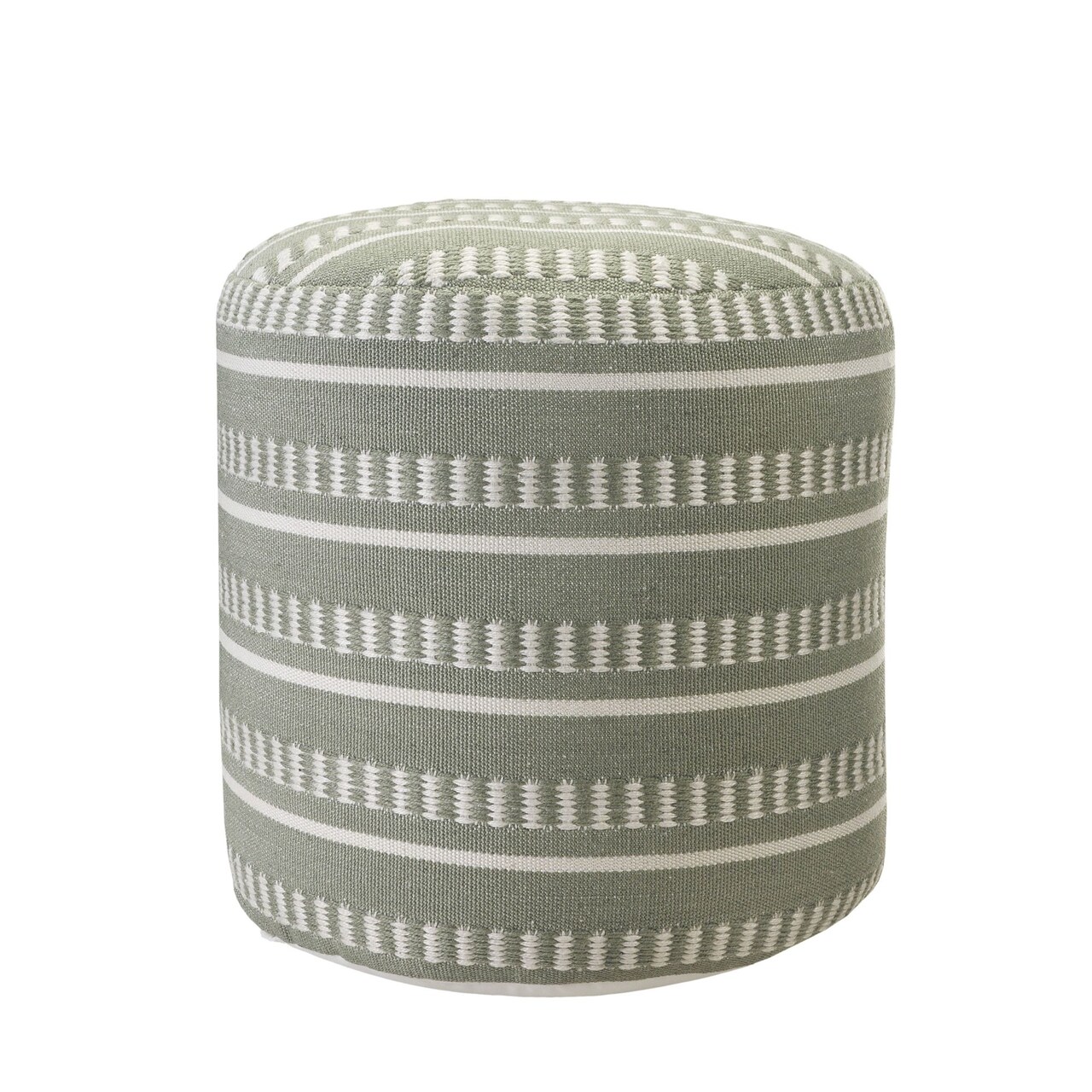 Laddha Home Designs 20" Green and White Striped Round Outdoor Patio Pouf Ottoman
